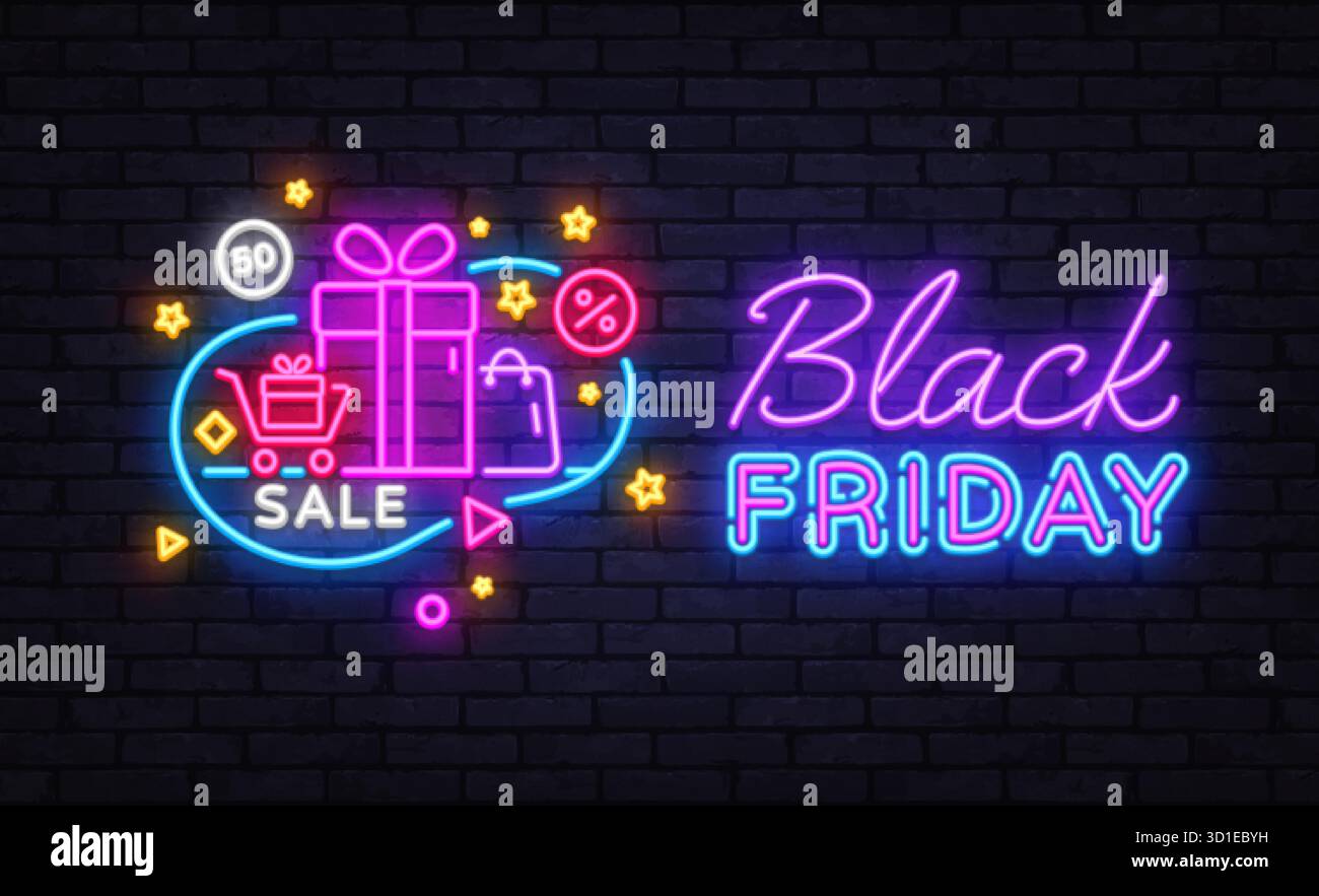 Neonschild mit Warenkorb, Geschenkkartons und Text Black Friday Sale. Mit leuchtenden Rabattsymbolen und leuchtenden Sternen. Werbematerial Stock Vektor