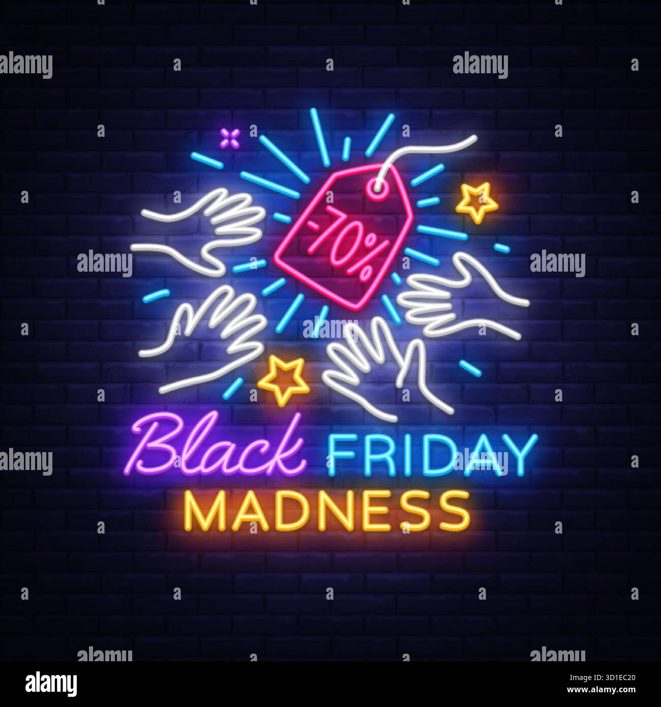Helles Neonsymbol mit Händen, die nach einem 70-prozentigen Tag greifen. Enthält Text Black Friday Madness in lebendigen Farben. Energiegeladene Promo-Szene. Vektor Stock Vektor