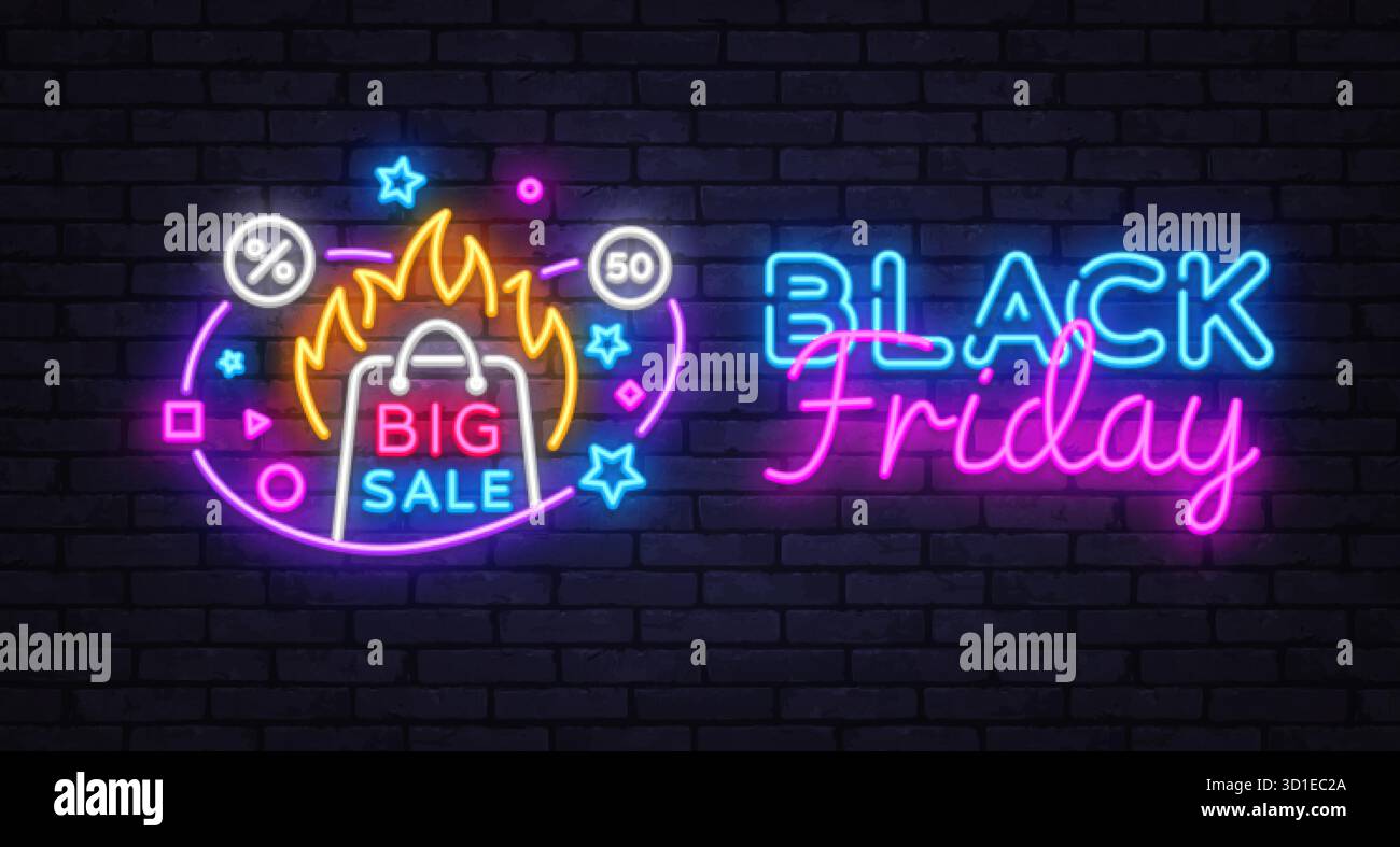 Helles Neonschild mit brennender Einkaufstasche und Text Big Sale. Die Worte Black Friday leuchten auf der rechten Seite. Umgeben von Sternen und Rabattsymbolen. Vektor Stock Vektor