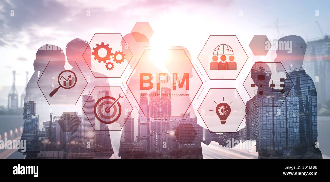 Business Process Management Konzept, das Workflow-Analyse, Prozessoptimierung, Teamzusammenarbeit, Automatisierung und Leistungsverbesserung zeigt Stockfoto