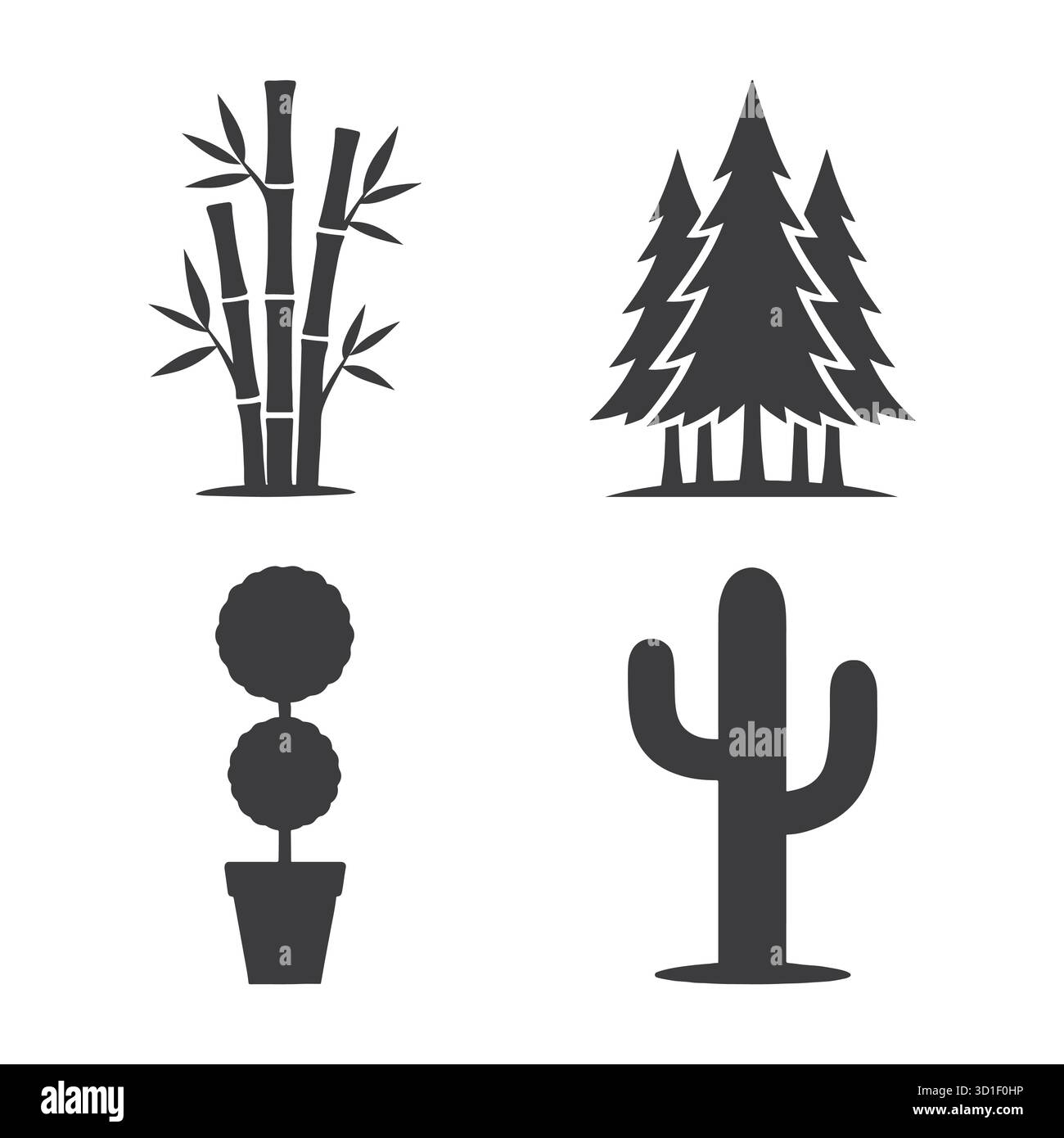 Pflanzen-Silhouetten-Symbol-Set - Vektor Bambus, Kiefern, Topiary & Kakteen Designs Stock Vektor
