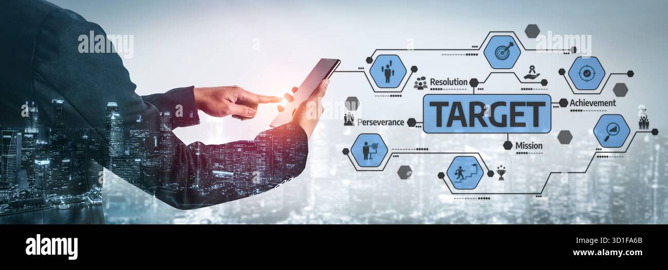 Eine professionelle Silhouette interagiert mit einem Smartphone und zeigt eine visuelle Darstellung der Geschäftsziele und -Ziele, betont Motivation und Stockfoto