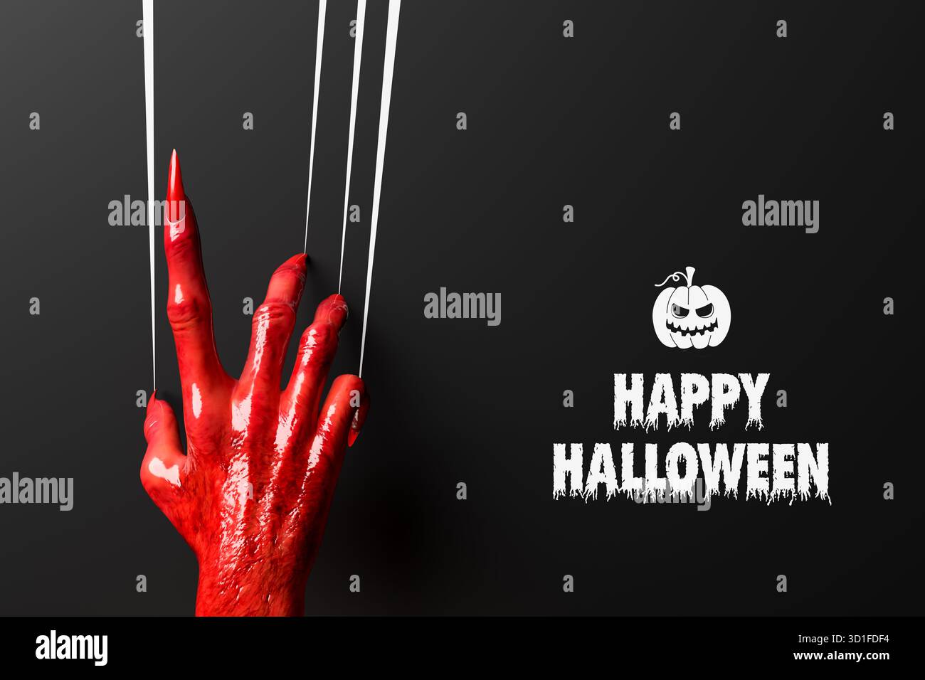 Eine furchterregende, rote, blutige, böse Hand, die Kratzspuren an einer schwarzen Wand hinterlässt. Happy Halloween Konzept. Stockfoto