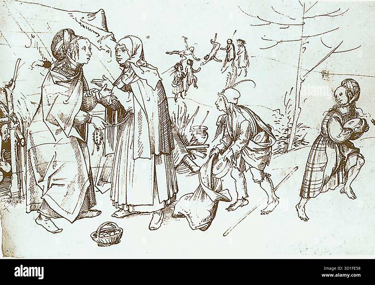 BURGKMAIR, Hans (* 1473, Augsburg, d. 1531, Augsburg) Zigeuner auf dem Markt um 1510 Stift- und Tuschzeichnung, 220 x 320 mm Nationalmuseum, Stockholm --- Schlüsselwörter: ----------------- Autor: BURGKMAIR, Hans Titel: Zigeuner im Markt Zeitlinie: 1501-1550 Schule: Deutsch Form: Grafik Typ: Genre Stockfoto