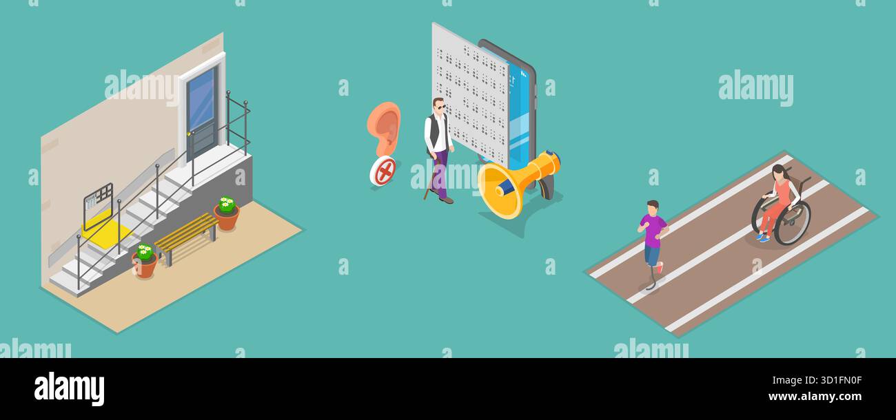3D Isometrische flache Illustration behinderter Menschen in sozialer Umgebung, zugängliche Stadtumgebung Stockfoto