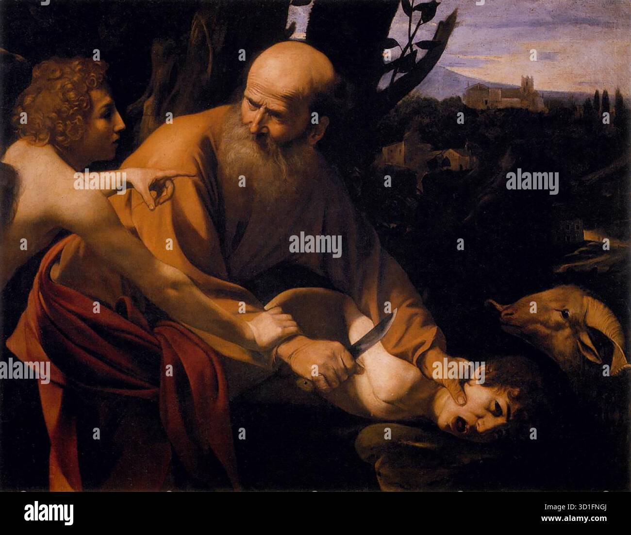 CARAVAGGIO (* 1571, Caravaggio, d. 1610, Porto Ercole) das Opfer von Isaak 1601-02 Öl auf Leinwand, 104 x 135 cm Galleria degli Uffizi, Florenz Caravaggio malte eine Version dieses Themas für Kardinal Maffeo Barberini, den zukünftigen Papst Urban VIII. Und dies könnte das Bild sein. Die Künstlerin schiebt die Handlung wie ein plastischer Fries vor den Bilderrahmen. Der alte Abraham, dessen Merkmale an den zweiten Matthäus erinnern, wird bei dem Aufschlitzen der Kehle seines Sohnes von einem ermahnenden Engel abgefangen, der mit seiner rechten Hand den Mord verhindert und mit seiner linken auf den Ersatz zeigt Stockfoto