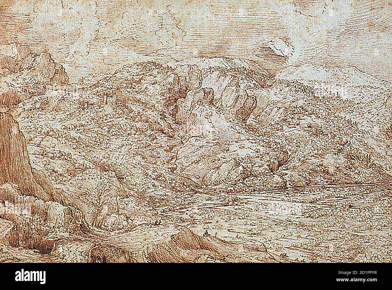 BRUEGEL, Pieter der ältere (* ca. 1525, Brogel, d. 1569, Bruxelles) Landschaft der Alpen - Pen and Sepia Ink Mus?e du Louvre, Paris *** Stichwörter: ************* Autor: BRUEGEL, Pieter der ältere Titel: Landschaft der Alpen Zeitlinie: 1501-1550 Schule: Niederländisch Form: Grafik Typ: Landschaft Stockfoto