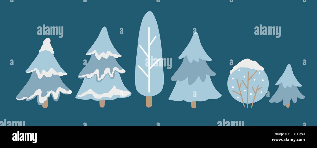 Eine Reihe von Winterbäumen und schneebedeckten Büschen in einem Doodle Flat Stil. Eine Sammlung von Vektor-Clips von Bäumen und Büschen für Winter- und Weihnachtsszenen. Handgezeichnete Illustrationen von Bäumen in Blau, isoliert auf dunklem Hintergrund Stock Vektor