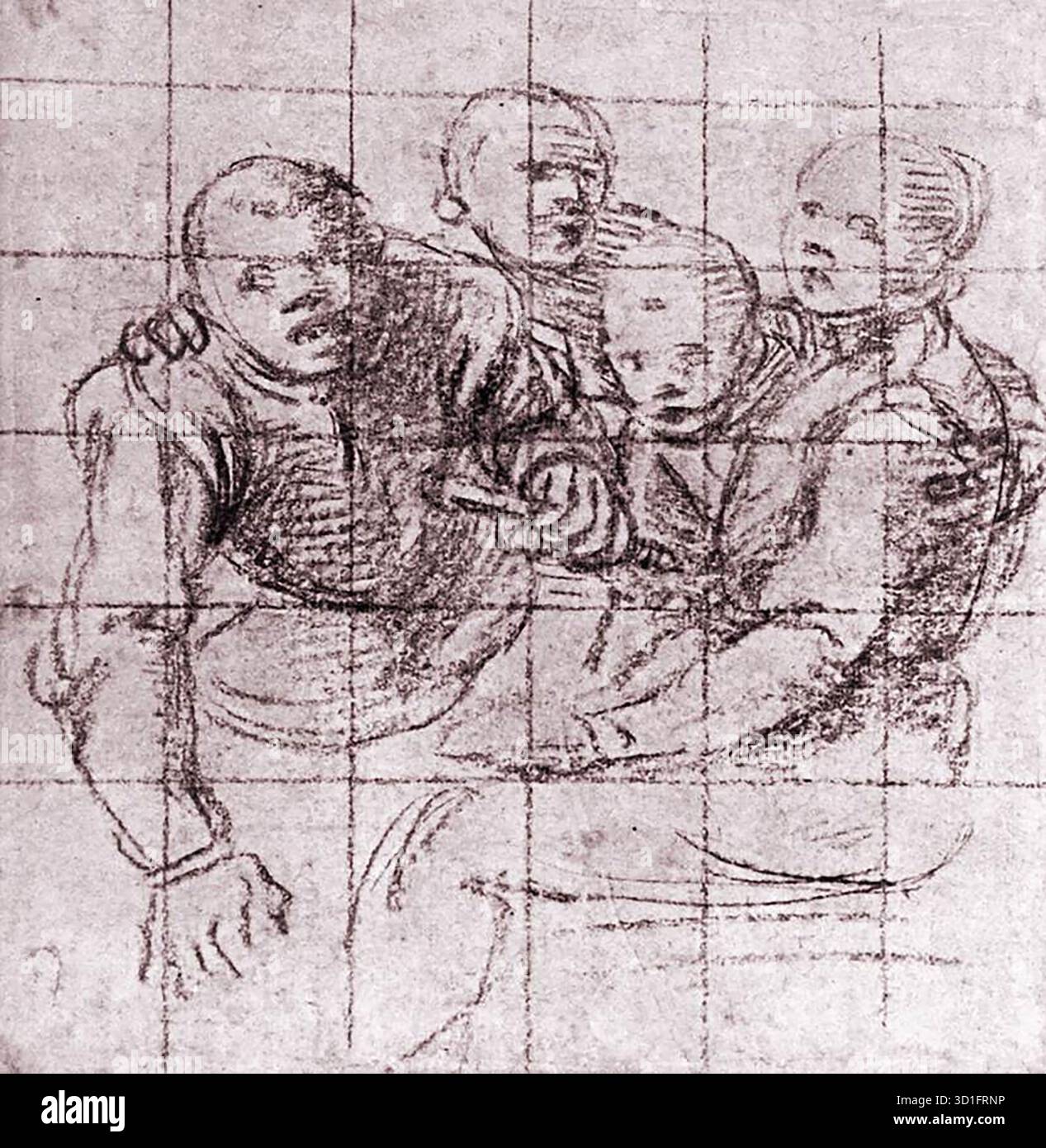 CAMPI, Vincenzo (* ca. 1530, Cremona, d. 1591, Cremona) Studie für die Ricotta-Esser - Schwarzer Bleistift auf braunem Papier, 205 x 192 mm staatliche Kunstsammlungen, Dresden die Technik dieser vorbereitenden Zeichnung bestätigt Campis Verschuldung gegenüber der venezianischen Kunst: Er legt die Komposition und ruft mit nur wenigen schnellen, dunklen Markierungen die Dynamik der Szene hervor. --- Schlüsselwörter: ----------------- Autor: CAMPI, Vincenzo Titel: Studie für die "Ricotta Eaters" Zeitlinie: 1551-1600 Schule: Italienisch Form: Grafik Typ: Studie Stockfoto