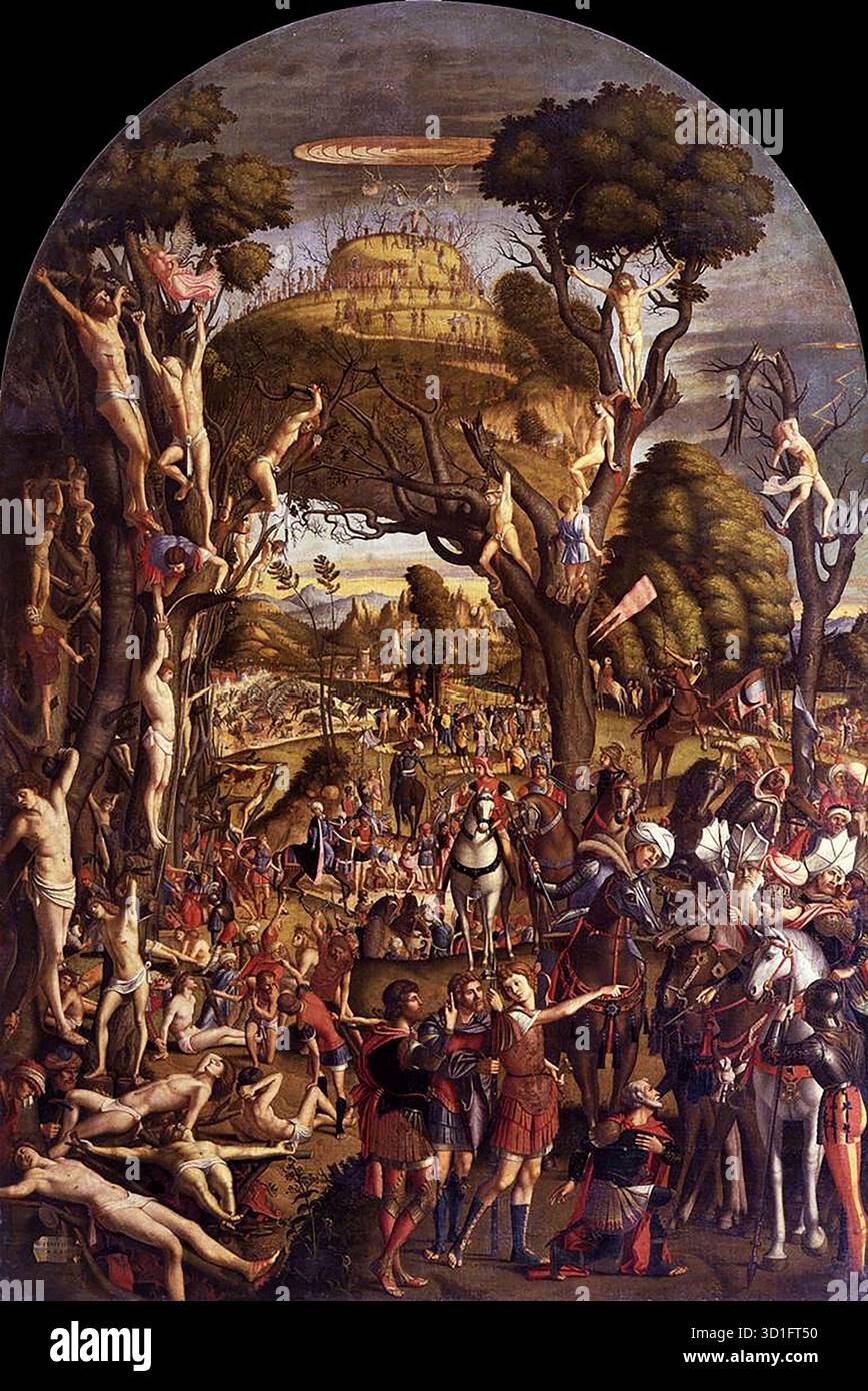 CARPACCIO, Vittore (* 1472, Venezia, d. 1526, Capodistria) die Zehntausend Märtyrer auf dem Ararat 1515 Tempera auf Leinwand, 307 x 205 cm Gallerie dell'Accademia, Venedig das Gemälde stammt aus der heute abgerissenen Kirche Sant'Antonio di Castello. Der Altaraufsatz erzählt die Geschichte der römischen Soldaten, die zum Christentum konvertierten und dann von ihrem eigenen Kaiser im Bündnis mit den Herrschern des Ostens zum Tode geschickt wurden. Es feiert den Ruhm, den die Familie des Spenders Ettore Ottobon während der Türkenkriege gewonnen hat. --- Schlüsselwörter: ----------------- Autor: CARPACCIO, Vittore Titel: Die zehn T Stockfoto
