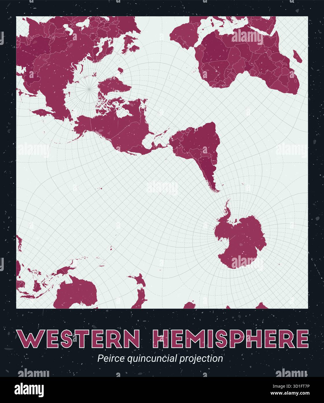 Westliche Hemisphäre. Weltkarte. Peirce Quincuncial Projektion zentriert auf der westlichen Hemisphäre. Helle mintfarbene und dunkelrosa Farbpalette. Vintage-Textur. Stock Vektor