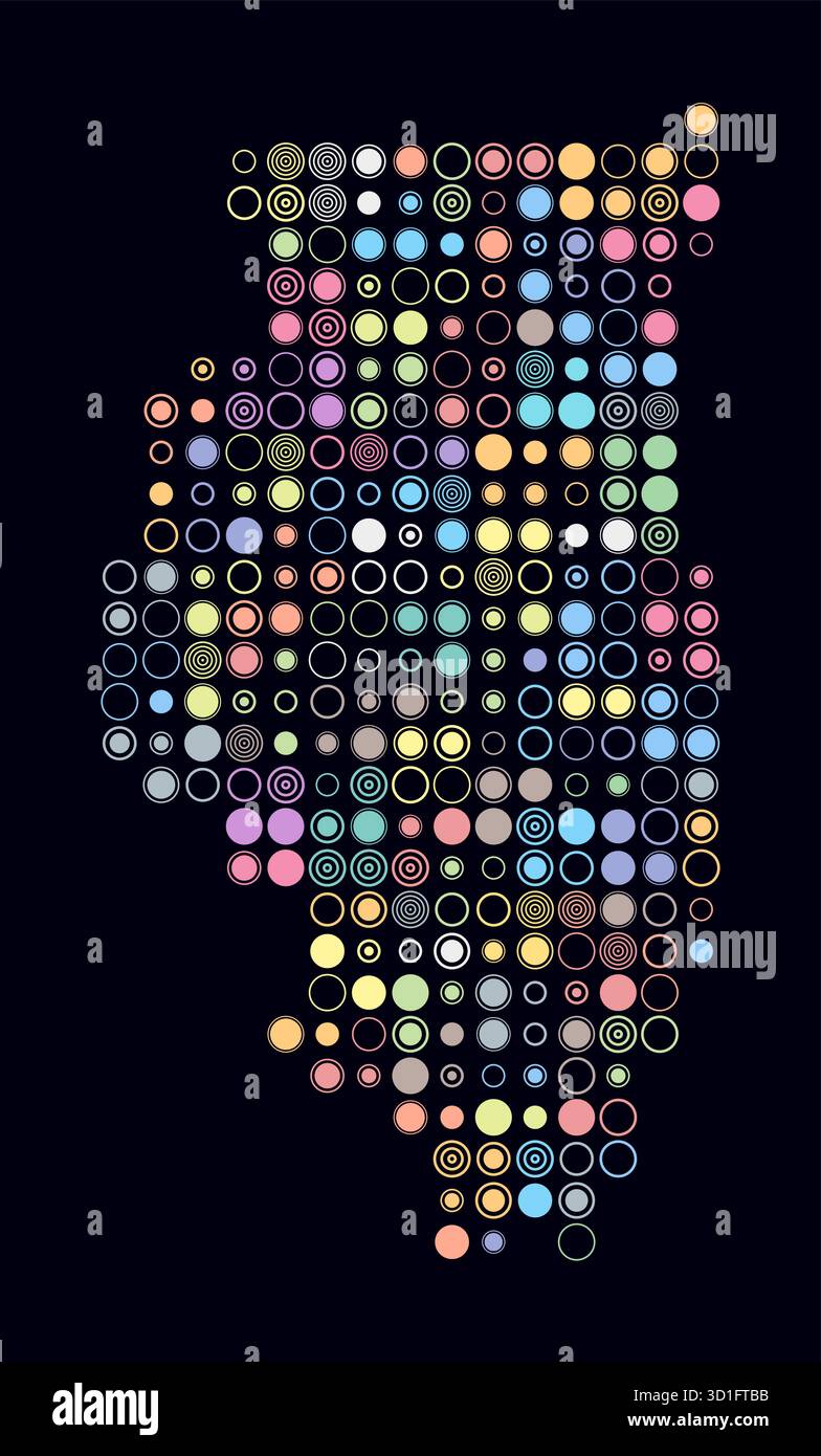 Illinois, Form des Staates, gebaut aus farbigen Zellen. Digitale Karte von Illinois auf dunklem Hintergrund mit großen Kreisblöcken. Stock Vektor