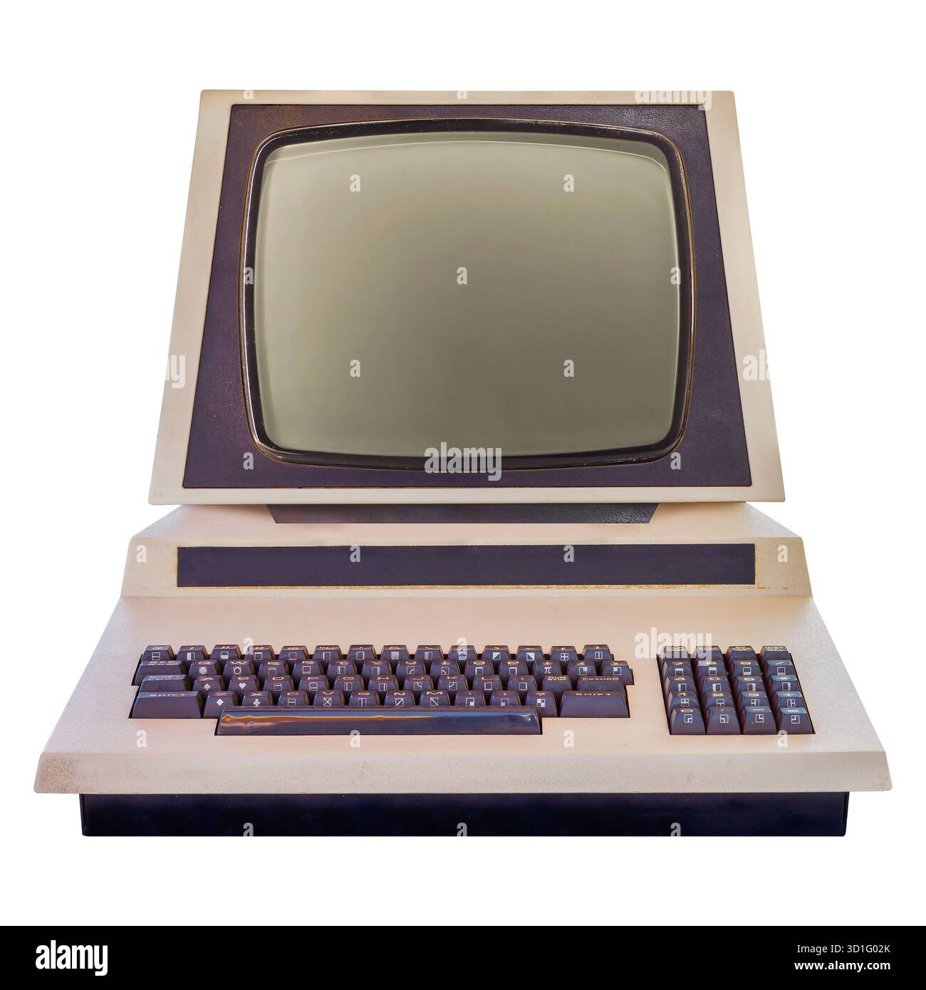Vintage Brown mit beigefarbenem Desktop-PC aus den 80er Jahren mit crt-Display auf weißem Hintergrund Stockfoto
