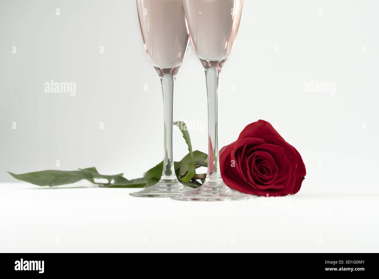 Zwei Gläser Champagner und eine rote Rose auf weißem Hintergrund Stockfoto
