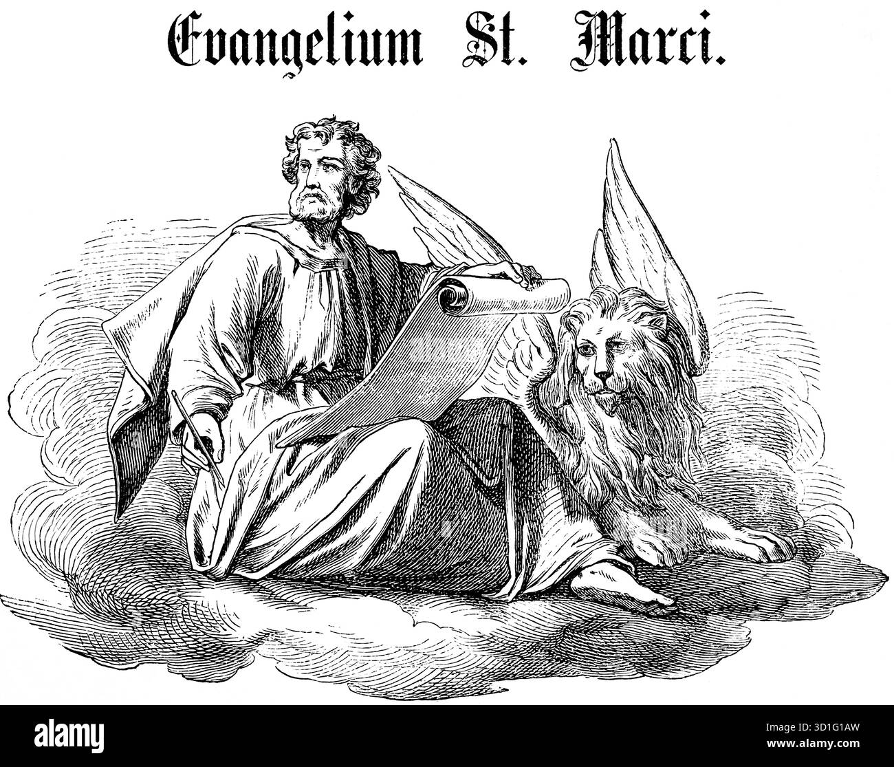 Beginn des Markusevangeliums, Apostel Markus, Löwe mit Flügeln, Markus Löwe, Schriftrolle, Stift, Wolke, Titel, Neues Testament, Bibel, historische Illustratio Stockfoto