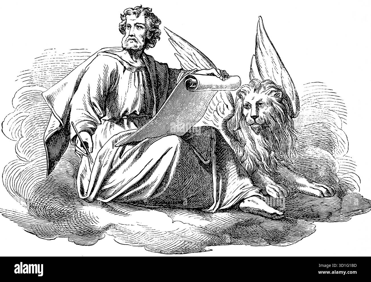 Beginn des Markusevangeliums, Apostel Markus, Löwe mit Flügeln, Markus Löwe, Schriftrolle, Stift, Wolke, Neues Testament, Bibel, historische Illustration 1877 Stockfoto