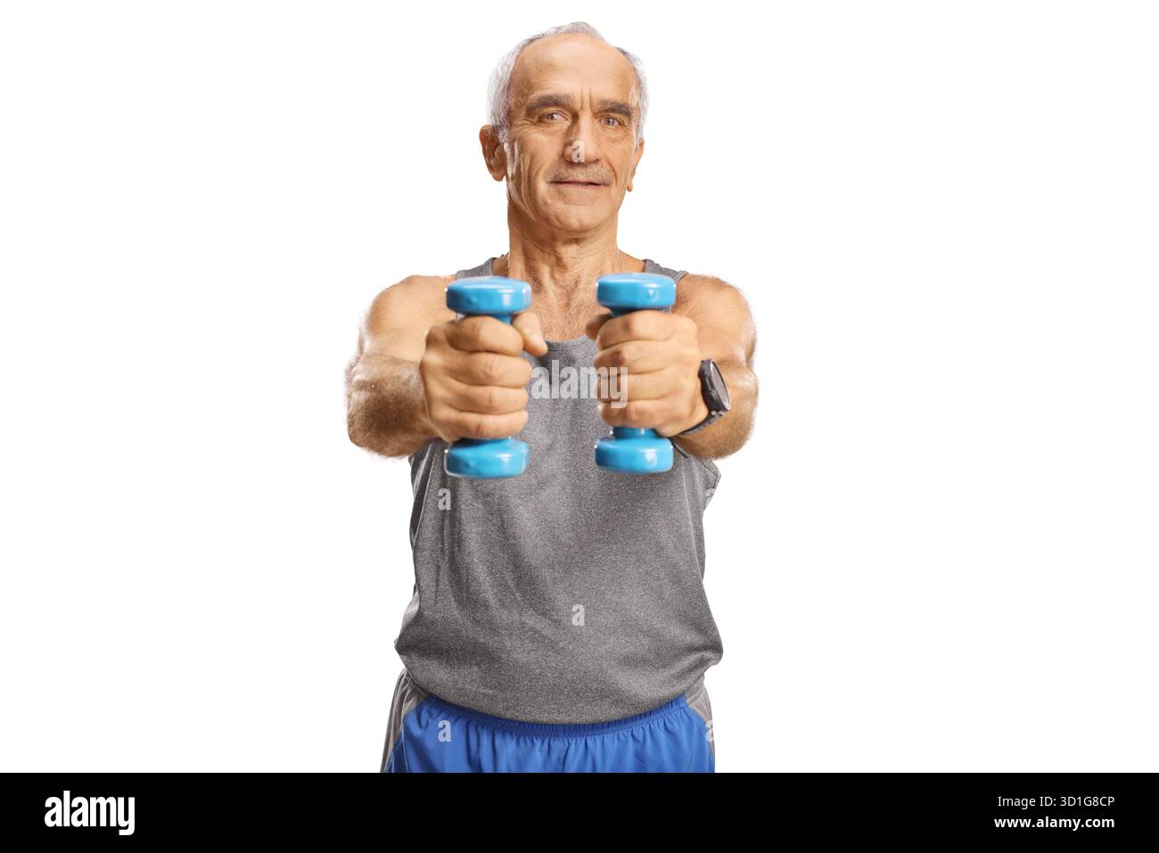 Älterer Mann in Sportbekleidung mit Kurzhanteln isoliert auf weißem Hintergrund Stockfoto