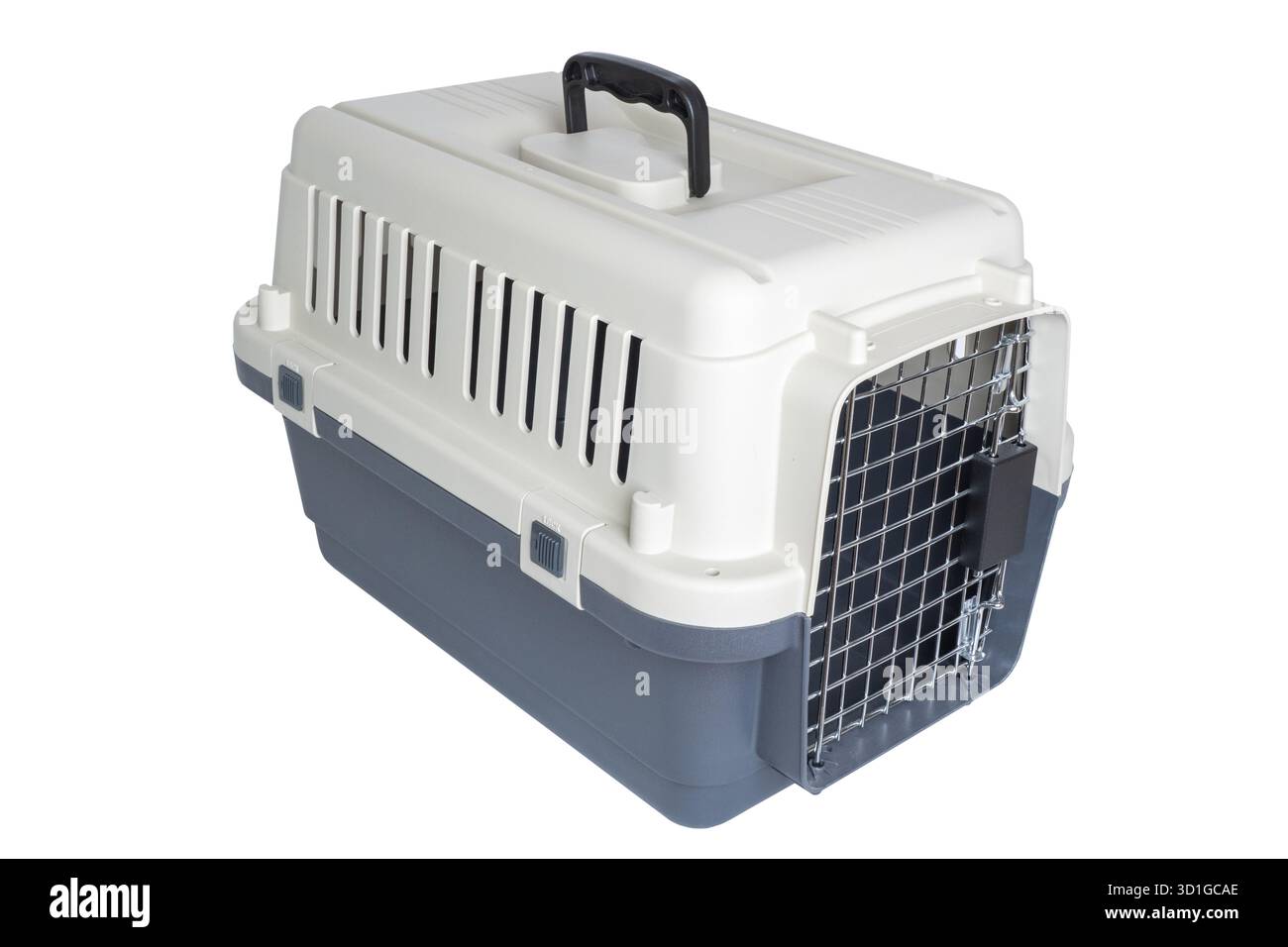 PET-Träger aus Kunststoff mit Belüftungsgitter und Griff für sicheren Transport Stockfoto