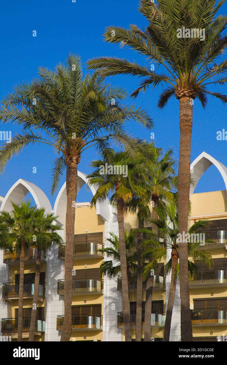 Spanien, Andalusien, Torremolinos, Palmen, Hotel, Stockfoto