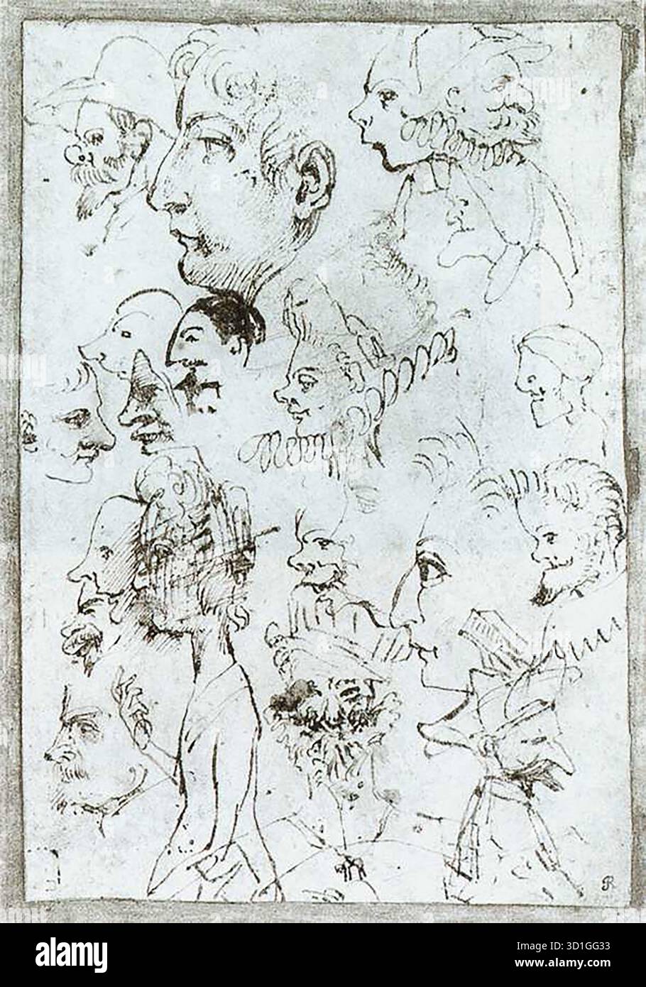 CARRACCI, Annibale (* 1560, Bologna, d. 1609, Roma) Karikaturbogen um 1595 Stift und Tinte, 201 139 mm British Museum, London Karikatur war das Mittel, mit dem das Leben in die starre Porträtmalerei zurückeingeatmet wurde. Annibale Carracci benutzte es, und ihm folgten seine Brüder Agostino, Domenichino, Guercino und Bernini, die alle auf der Suche nach dem Ausdruck von Emotionen und Charakter waren. --- Schlüsselwörter: ----------------- Autor: CARRACCI, Annibale Titel: Blatt der Karikaturen Zeitlinie: 1551-1600 Schule: Italienisch Form: Grafik Typ: Studie Stockfoto