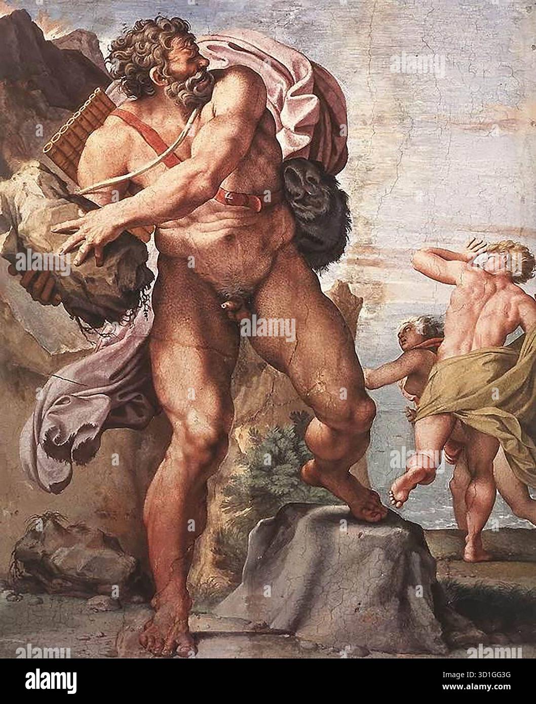 CARRACCI, Annibale (* 1560, Bologna, d. 1609, Roma) der Zyklopen Polyphemus 1595-1605 Fresco Palazzo Farnese, Rom das Fresko zeigt die Szene, in der der eifersüchtige Zyklopen Polyphemus einen Felsen auf ACIS wirft, die geliebte Meeresnymphe Galatea. --- Schlüsselwörter: ----------------- Autor: CARRACCI, Annibale Titel: Der Zyklopen Polyphem Zeitlinie: 1551-1600 Schule: Italienisch Form: Malerei Typ: Mythologisch Stockfoto