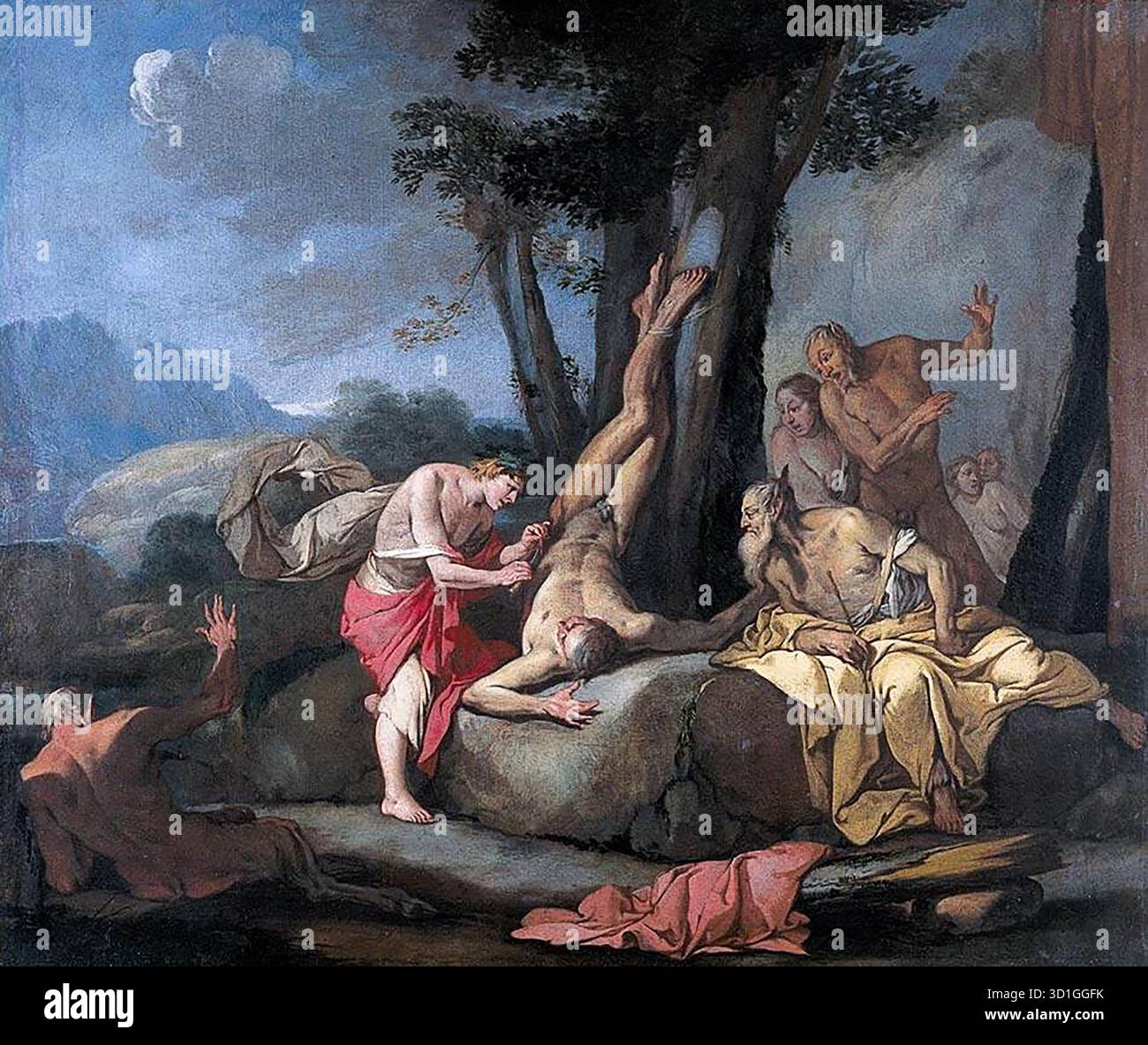 CARPIONI, Giulio (* 1613, Venezia, d. 1678, Venezia) Apollo und Marsyas - Öl auf Leinwand, 85 x 100 cm Privatsammlung das Motiv stammt aus Ovid, Metamorphosen (6: 382-400). Marsyas, ein Satyr und ein geschickter Flötenspieler, wurde von Apollo zu einem Musikwettbewerb herausgefordert; der Gewinner musste dem Verlierer jede Strafe auferlegen, die er gewählt hatte. Als die Musen sich unweigerlich für Apollo entschieden haben, hat der Gott Marsyas lebendig ausgeworfen. Ovid erzählt, wie der Fluss Marsyas in Phrygia aus den Tränen entsprang, die die Satyren bei Marsyas' Tod vergossen hatten. --- Schlüsselwörter: ----------------- Autor: CARPIONI, Giulio Titel: Apollo und Mar Stockfoto