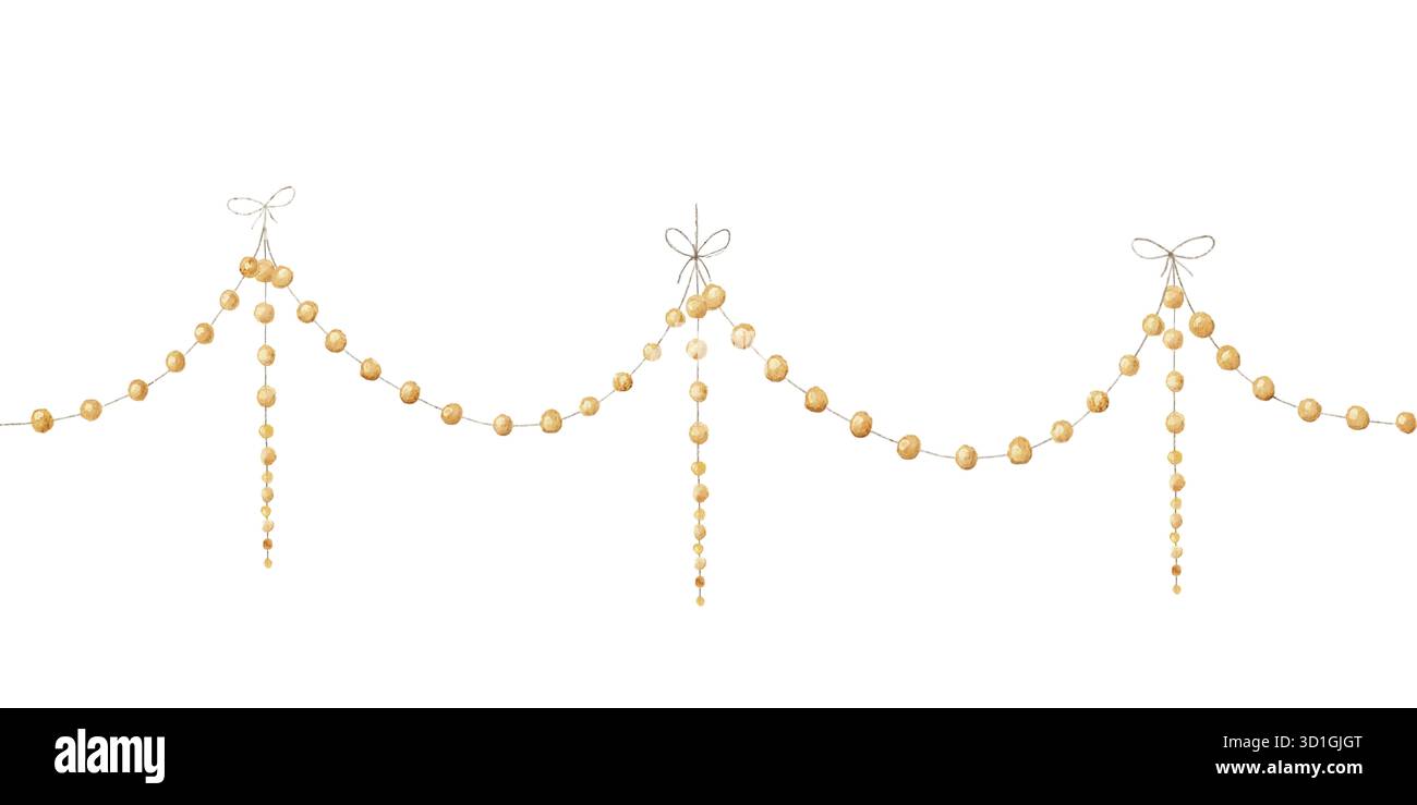 Aquarellillustration einer nahtlosen Borte aus kleinen gelben und beigen goldenen Perlen mit Schleifen. Perfekt für Kinderparty, Babydusche, Grußkarte Stockfoto