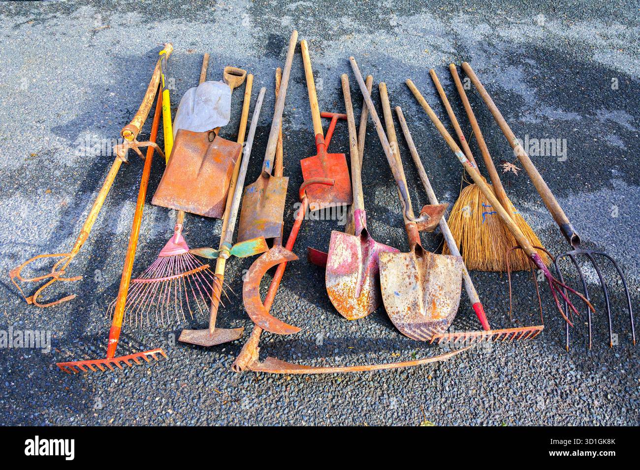 Auswahl an alten, rostigen Gartenwerkzeugen und Geräten zum Verkauf in einem Brocante für 5 Euro und 10 Euro pro Person - Zentralfrankreich. Stockfoto