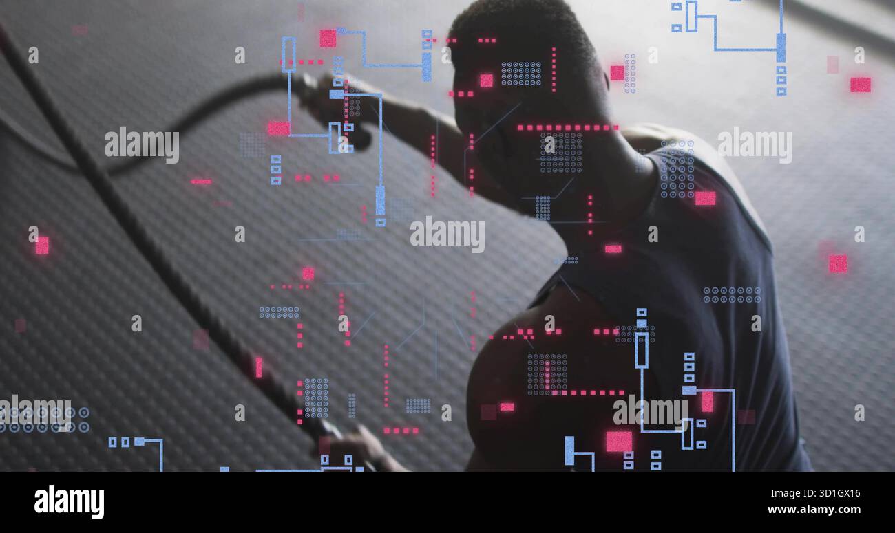 Beim Schaukeln im Kampfsport tragen Sportler Workout-Kleidung beim Training im Fitnessstudio mit digitalen Kennzahlen Stockfoto