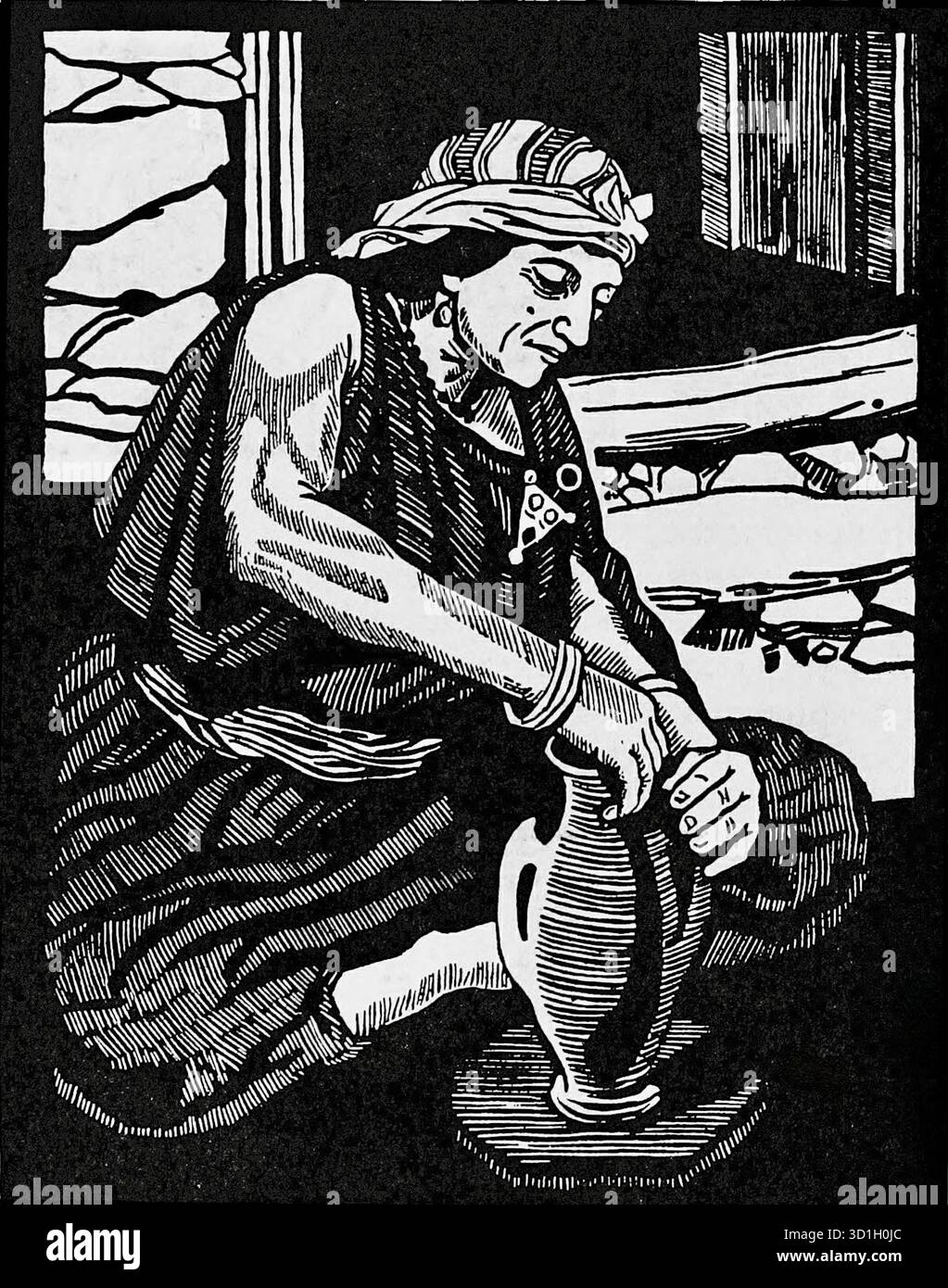 Das Bild ist ein Abdruck der „Femme kabyle“ des französischen Künstlers Jules Migonney (1876–1929). Das Werk ist ein Beispiel für orientalische Kunst, ein im 19. Und frühen 20. Jahrhundert populäres Genre, das Themen aus dem Nahen Osten und Nordafrika darstellte. Der Titel „Femme kabyle“ bedeutet „Kabyle Woman“ und bezieht sich auf die indigenen Nordafrikaner, die hauptsächlich aus Algerien stammen. Migonney war bekannt für seinen detaillierten und leuchtenden Stil, und dieses Stück ist bekannt für seine respektvolle Darstellung des Themas. Das Originalkunstwerk war ein Holzschnitt. Stockfoto