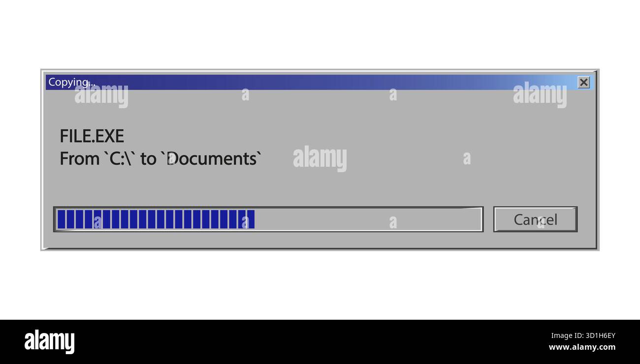 Dateifenster wird kopiert. Digitaler Fortschrittsbalken. Softwareübertragungsprozess. Retro-Computer-Schnittstelle. Stock Vektor