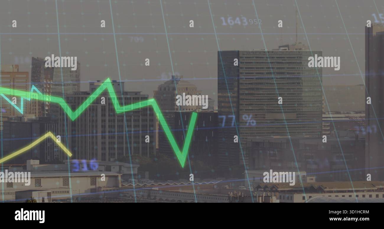 Rasterüberlagerung über der Skyline der Stadt mit neongrünem Liniendiagramm, gelber Linie und numerischen Beschriftungen Stockfoto
