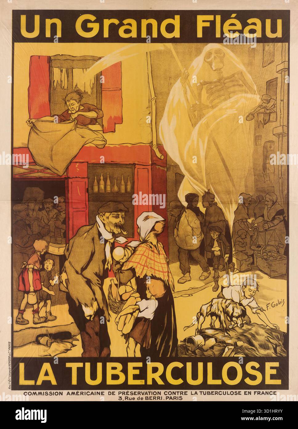 UN Grand Fleau La Tuberculose 1910er Jahre französisches Gesundheitsposter - Tuberkulose Eine große Pest Herausgegeben von der American Tuberkulosis Preservation Commission in Frankreich Paris. 1917 Stockfoto