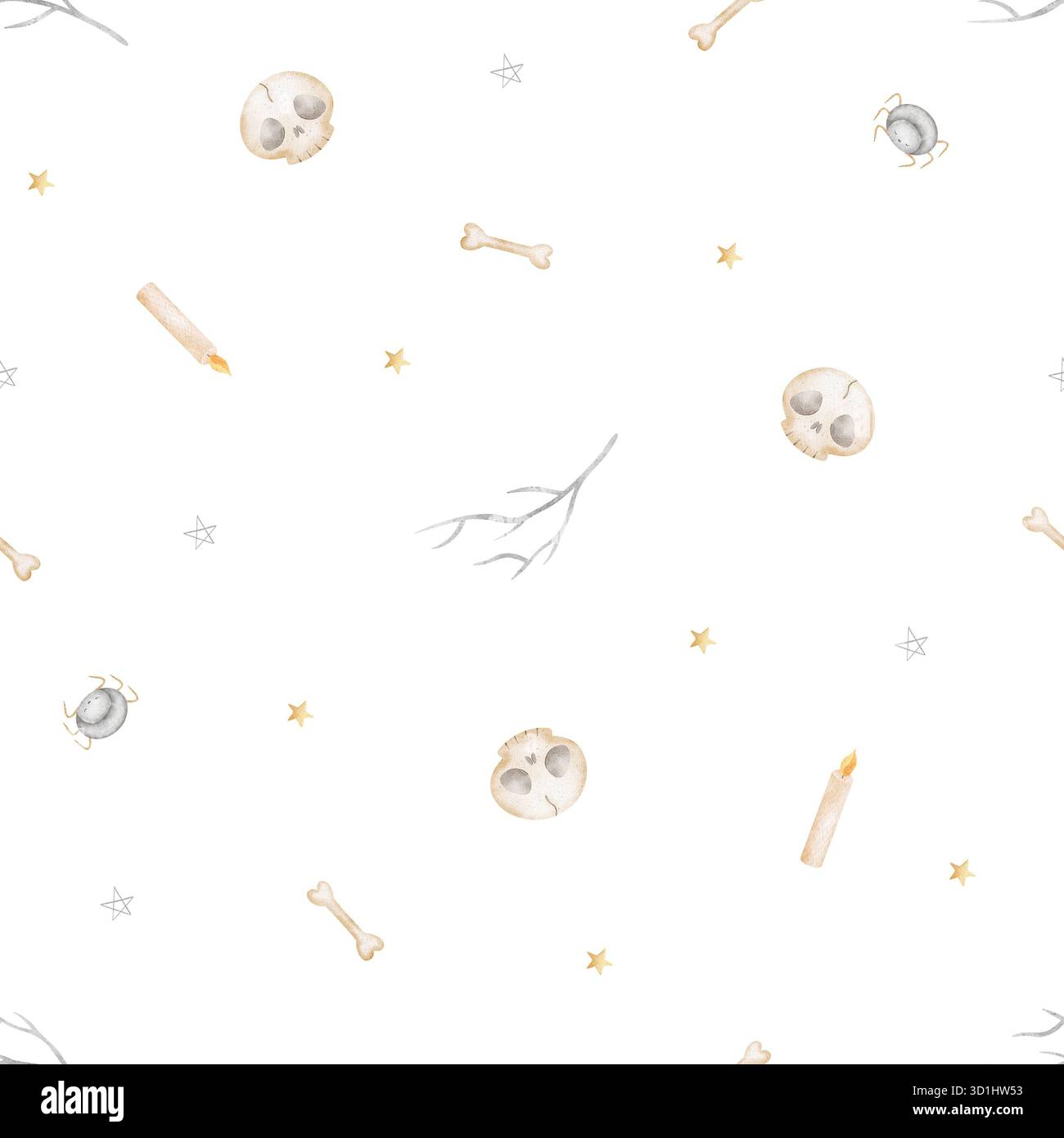 Muster von fliegenden Spinnen, Schädel, Knochen, Kerzen. Aquarellillustration handgezeichnet im kindlichen Halloween-Stil. Nahtloser Druck isoliert vom Stockfoto