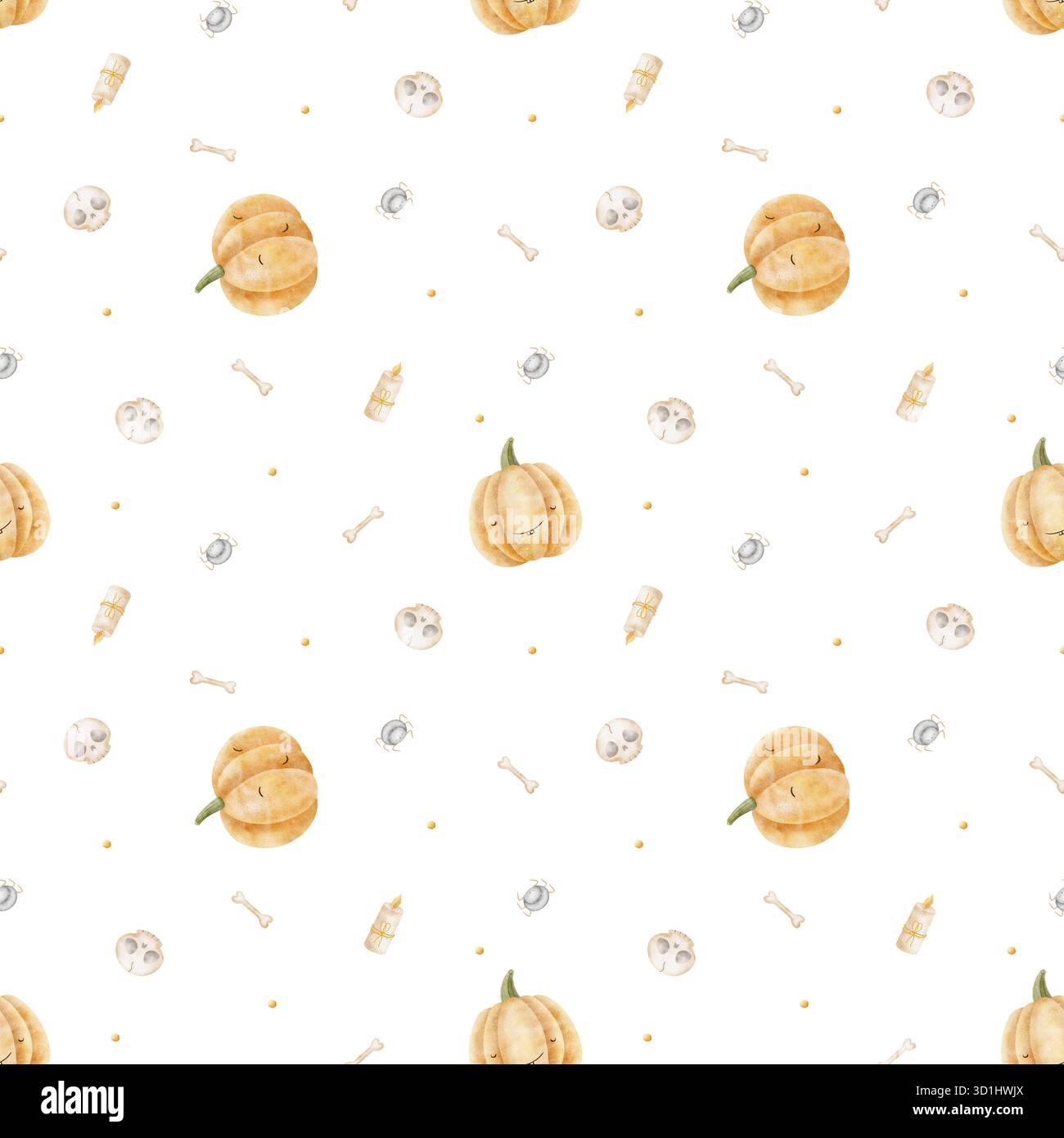 Muster von chaotischen fliegenden Kürbissen, Spinnen, Schädeln, Knochen, Kerzen. Handgezeichnete Aquarellillustration im kindlichen Halloween-Stil. Nahtloser Druck Stockfoto
