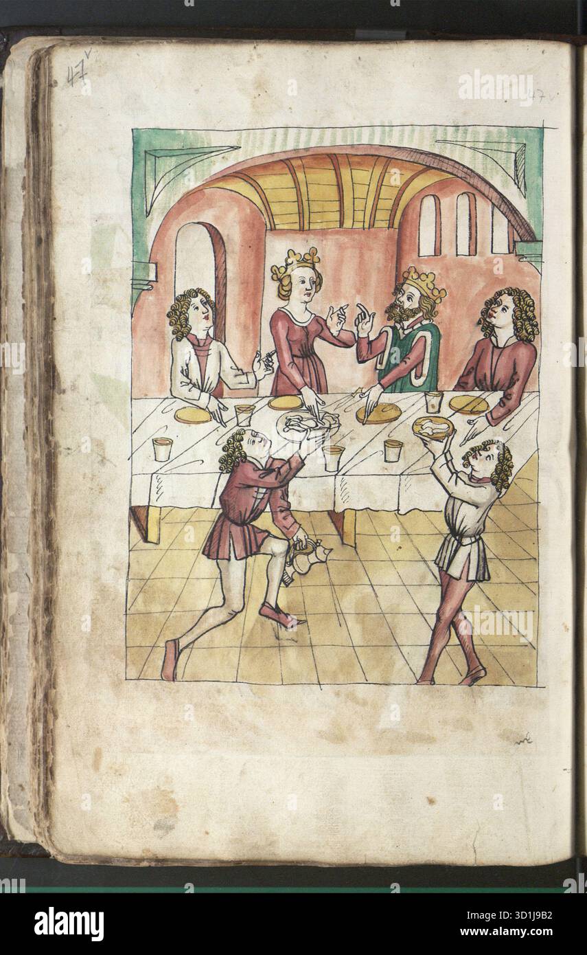 Seite aus dem sogenannten Berner Parzival, der letzten datierten Handschrift von Wolfram von Eschenbachs Epos über den Heiligen Gral, die zwischen 1200 und 1210 entstanden ist. Vermutlich gab der Berner Kaufmann Jörg Friburger die Handschrift 1467 beim Schreiber Johann Stemhein von Konstanz in Auftrag. Stockfoto