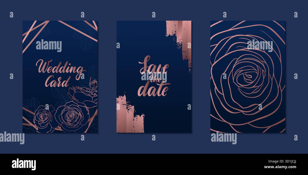 Set luxuriöser Hochzeitseinladungskarte mit goldenen geometrischen polygonalen Linien und rosa goldenen Rosen. Design-Grußkarte von Hochzeit, Geburtstag, Valenti Stock Vektor