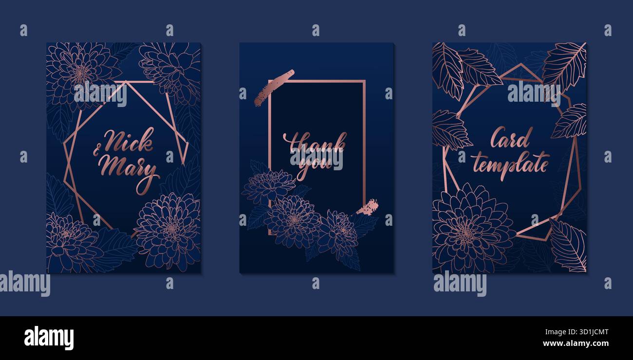 Set luxuriöser Hochzeitseinladungskarte mit goldenen geometrischen polygonalen Linien und rosa goldenen Rosen. Design-Grußkarte von Hochzeit, Geburtstag, Valenti Stock Vektor