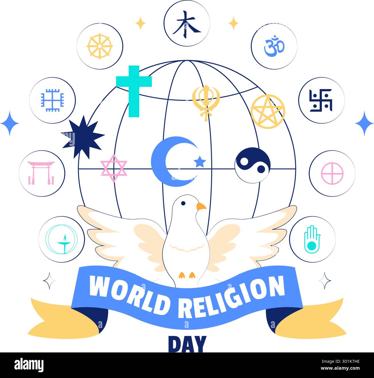 Weltreligionstag Vektor-Illustration mit Symbolen verschiedener Glaubensrichtungen, die Einheit und Respekt unter allen Glaubensrichtungen in einem Hintergrund fördern Stock Vektor