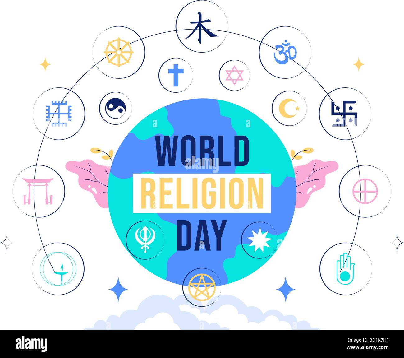 Weltreligionstag Vektor-Illustration mit Symbolen verschiedener Glaubensrichtungen, die Einheit und Respekt unter allen Glaubensrichtungen in einem Hintergrund fördern Stock Vektor