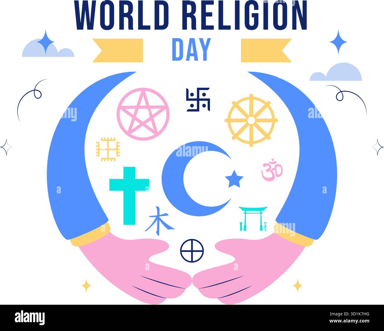 Weltreligionstag Vektor-Illustration mit Symbolen verschiedener Glaubensrichtungen, die Einheit und Respekt unter allen Glaubensrichtungen in einem Hintergrund fördern Stock Vektor