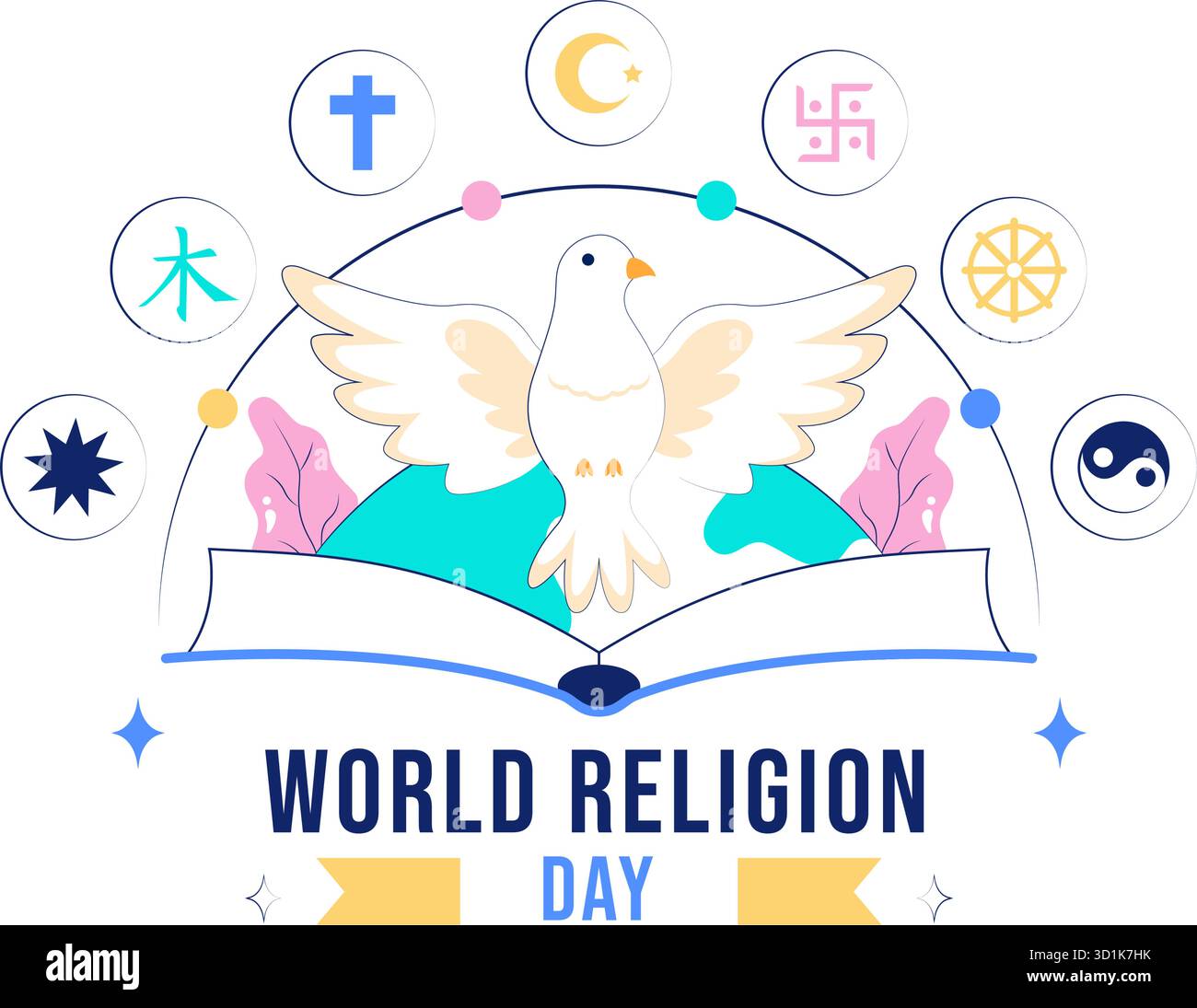 Weltreligionstag Vektor-Illustration mit Symbolen verschiedener Glaubensrichtungen, die Einheit und Respekt unter allen Glaubensrichtungen in einem Hintergrund fördern Stock Vektor