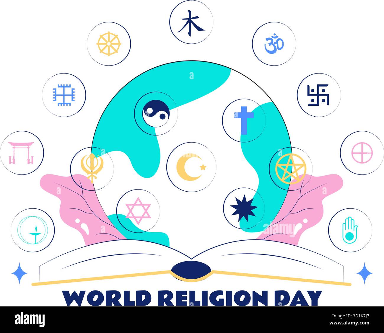 Weltreligionstag Vektor-Illustration mit Symbolen verschiedener Glaubensrichtungen, die Einheit und Respekt unter allen Glaubensrichtungen in einem Hintergrund fördern Stock Vektor