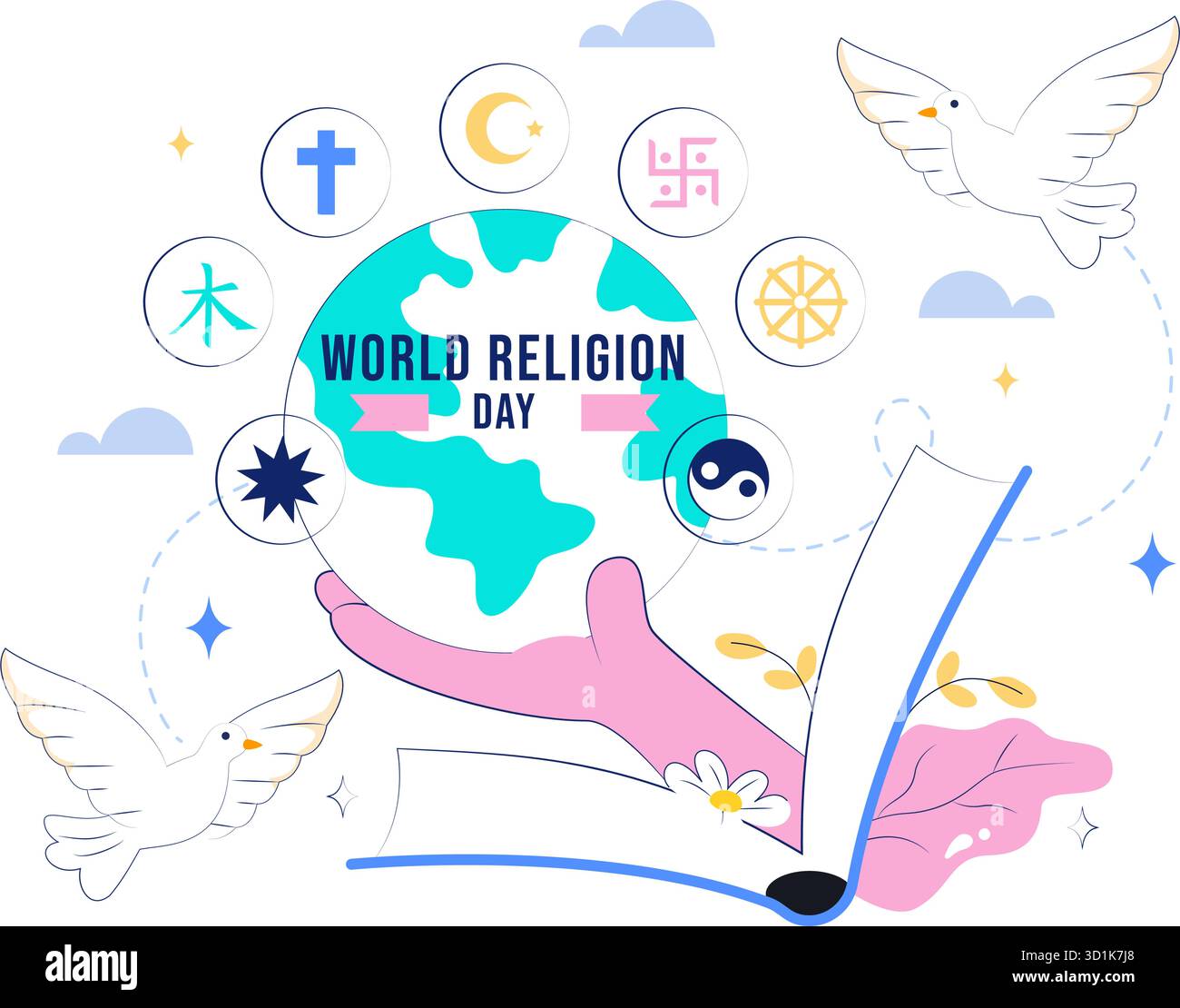 Weltreligionstag Vektor-Illustration mit Symbolen verschiedener Glaubensrichtungen, die Einheit und Respekt unter allen Glaubensrichtungen in einem Hintergrund fördern Stock Vektor