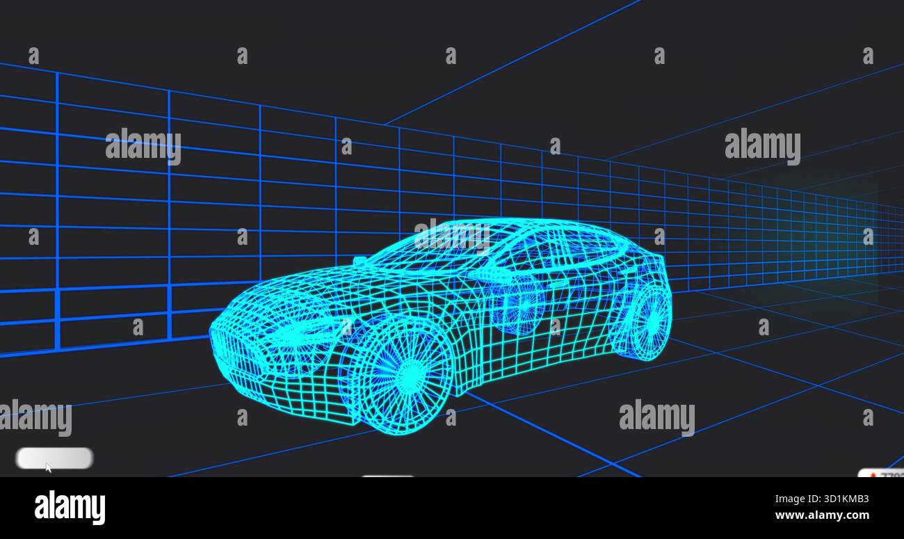 Rendern von 3D-Drahtmodellen mit Sportlimousine im virtuellen Design-Arbeitsbereich mit zyanblauem Gittergehäuse Stockfoto