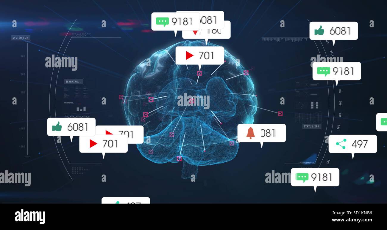 Schwimmendes Drahtmodell, das Social-Media-Symbole in der Analyse-Benutzeroberfläche verbindet und Auslesungen überlagert Stockfoto