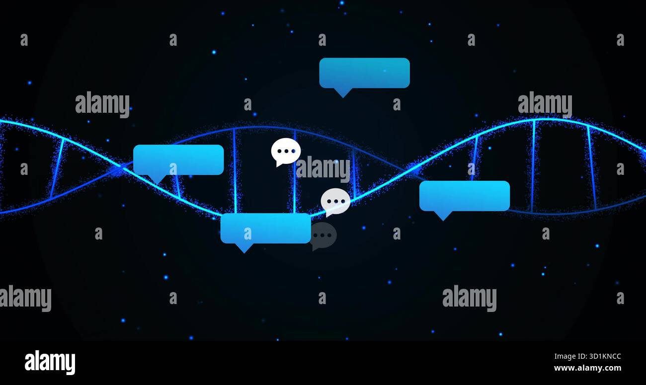 Streckung der leuchtend blauen DNA-Helix im virtuellen Raum, schwebende Sprachblasen und leuchtende Partikel Stockfoto