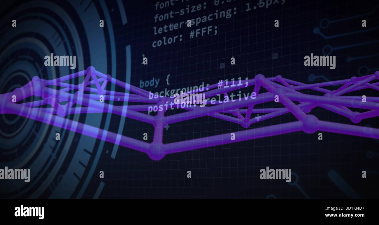 Anzeigen eines violetten 3D-Drahtmodelldiagramms über einer dunklen Raster-UI mit CSS-Codebereich und kreisförmigem HUD Stockfoto