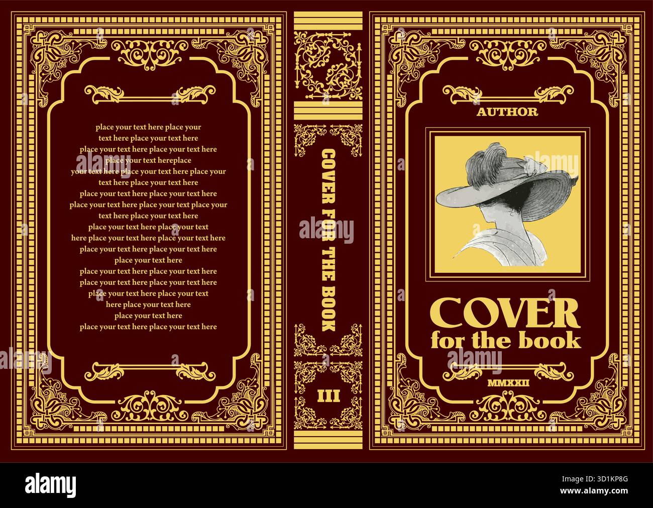 Bucheinband mit einer eleganten Frau, die einen Hut trägt, perfekt für klassische Literatur. Handgezeichnete Abbildung Stock Vektor