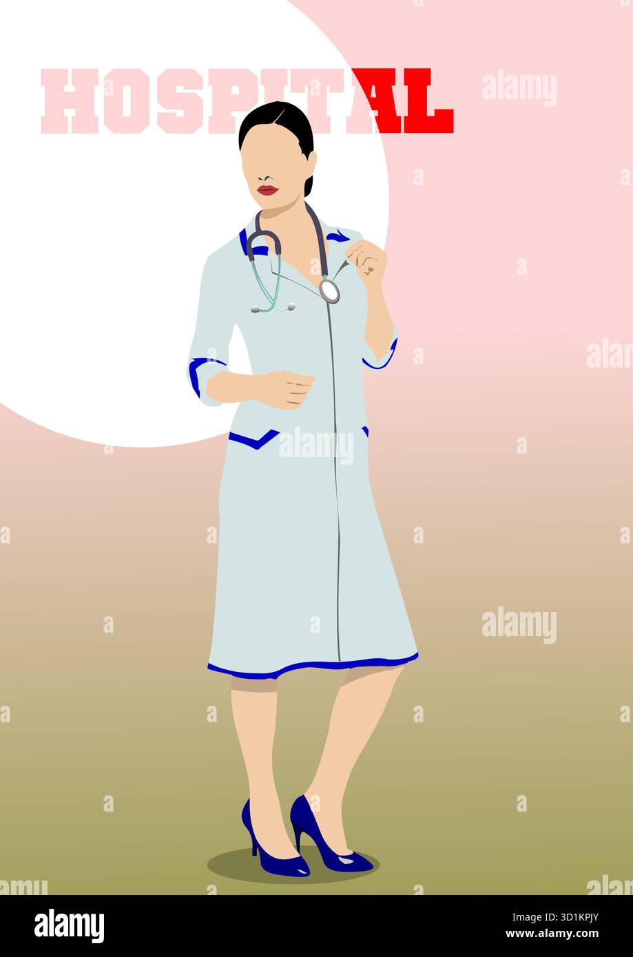 Die Ärztin steht, während sie einen Labormantel trägt und ein Stethoskop in einem Krankenhaus hält. Handgezeichnete Abbildung Stock Vektor
